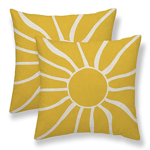 Summer Pillow Covers 18x18 Set of 2, Yellow Sunshine Decorative Outdoor Throw Pillow Covers Modern Farmhouse Cushion Case Linen Square for Home Couch Sofa