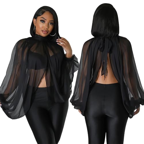 Women’s Sexy See Through Chiffon Sheer Lantern Sleeve Front Back Open High Neck Self Tie Shawl Casual Shirts Blouses Tops3