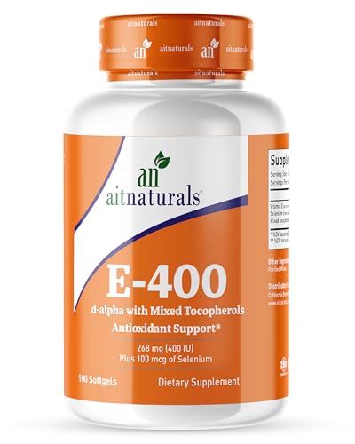Aitnaturals Vitamin E-400IU 100 Softgels Mixed with Tocopherols & Selenium(100mcg) | Support Immune System Skin Health & Digestion Prevent Premature Aging of Cells Fight Free Radicals Antioxidant
