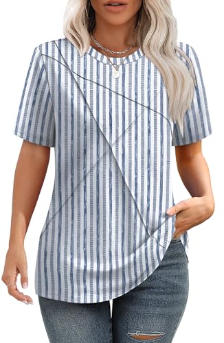 Image of XIEERDUO Womens Summer Tops 2026 Pleated Round Neck Short Sleeve Shirts Business Casual