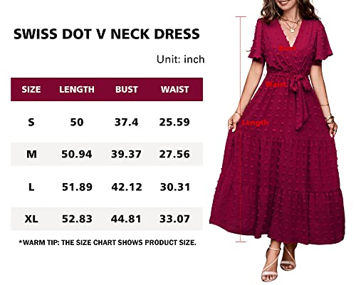 Mascomoda Womens Boho Swiss Dot Maxi Dresses Wrap V Neck Flutter Short Sleeve Solid Tie Belt A Line Tiered Flowy Long Dresses(Wine Red, Large) #TOP5