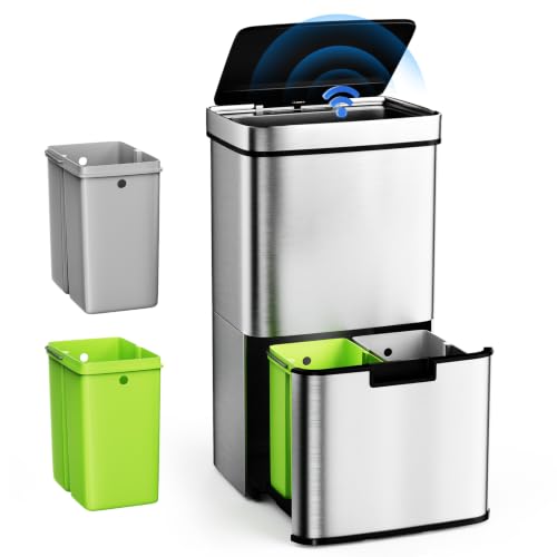 Vertak Poubelle dotée d’un système de tri des déchets avec capteur, en acier inoxydable, avec 3 compartiments, pour la cuisine, 62 l