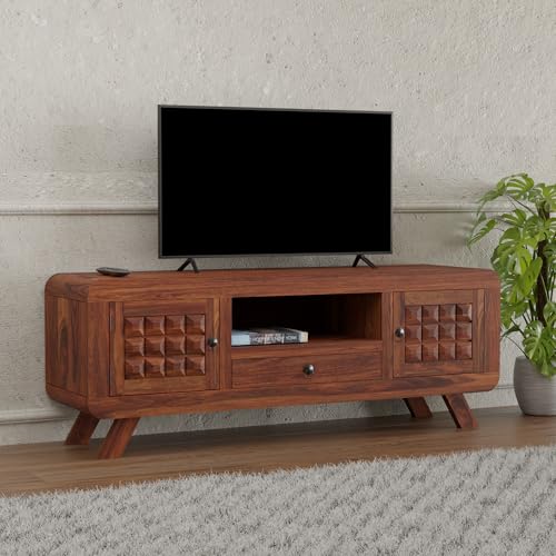 Image of Sheesham Wood Entertainment Tv Unit for Living Room | Free Standing Media Console Movable Tv Cabinet Sideboard | Tv Table Side Board with 2 Doors, 1 Drawer & Open Shelf Storage | Honey