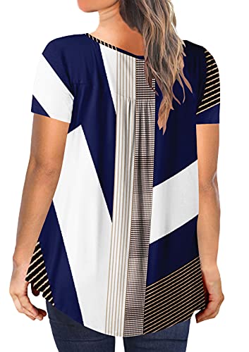 Beadchica Women's Plus Size Tunic Tops Casual Flowy Tshirts Ruched Botton Up Short Sleeve Blouses-Floral-3Xl White Blue #TOP2