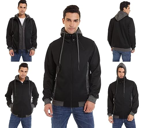 Image of YuKaiChen Men's Hooded Jacket Slim Fit Double Zipper Turtleneck Fleece Hoodie Outerwear