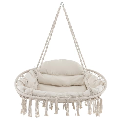Costway Swing Chair, Hand-Woven Rope Hanging Chair with Thick Cushion & Folding Metal Frame, Macrame Hammock Chair, Boho Swinging Accent Chair, Holds up to 150 KG, Beige