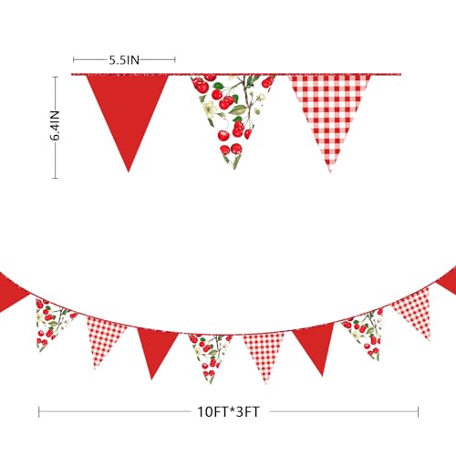 Image of Cherry Party Decorations Red Plaid Floral Cherries Pennant Banner Flag Hanging Paper Triangle Bunting for Birthday Wedding Bridal Shower Engagement Bachelorette Party Decorations Supplies