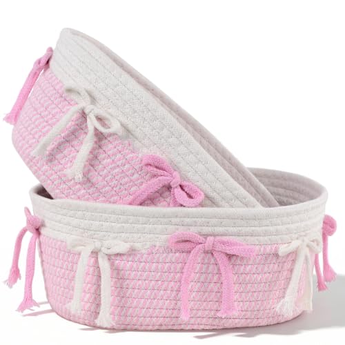 yuboo 2-Pack Pink Woven Cotton Rope Baskets with Bows - Cute Basket for Coquette Aesthetic Storage Bins - Decorative Pink Gift Basket, Bow Gift Set for Nursery, Bathroom, Dorm,Makeup — view 2