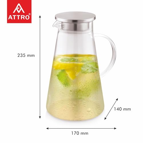 Image of ATTRO Glassox Classy Glass Water Jug - 1800ml Borosilicate Glass Serving Jug with Stainless Steel Lid, Heat Resistant, Ideal for Juice, Lemonade, Iced Tea, Milk, Hot & Cold Beverages