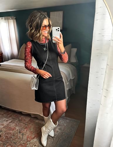 Image of Daacee Women's Sleeveless Bodycon Denim Mini Dress Sleeveless Waist Tucks Zipper Short Tank Jean Dresses Concert Outfits