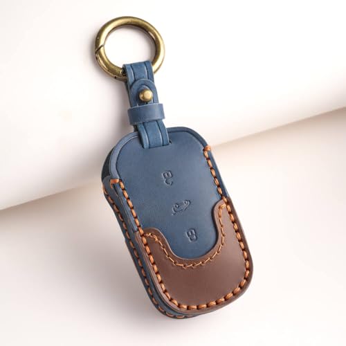 Image of Keyzone Dual Leather Key Cover for Thar, Scorpio, Bolero, XUV700, XUV400, XUV300, TUV300, Marazzo 3 Button flip Key (Push Button Start Models only) (Blue-Brown)