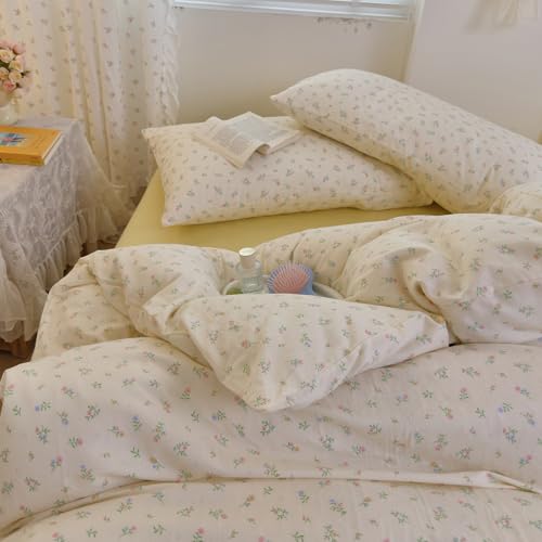 Image of Pastel Ditsy Floral Duvet Cover Set, Cream Off-White Double Layer Gauze Cotton Bedding Set, Soft Breathable Green Leaves Comforter Cover for Cottagecore French Country Bedroom Decor, Queen Size