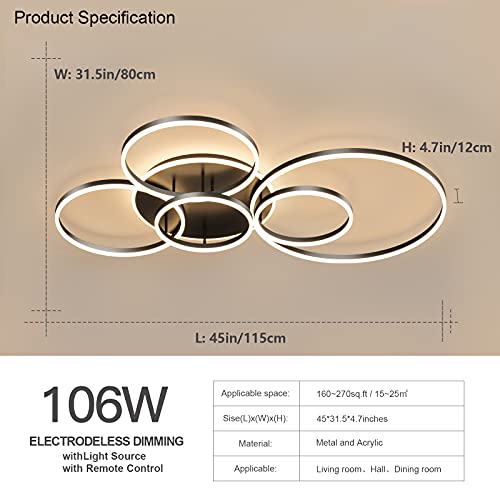 Modern Led Ceiling Light 106W Dimmable Acrylic Ceiling Lamp With Remote Control 6 Rings Circle Living Room Light Fixtures Ceiling Black Ceiling Chandelier Lighting For Bedroom Dining Room (5+1B01) #TOP3