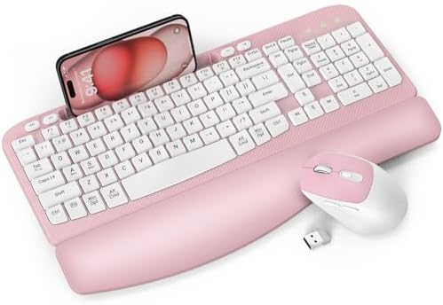 Wireless Keyboard and Mouse Combo, Wave Keys Full-Sized Ergonomic Keyboard with Cushioned Plam Rest, Phone Holder, Comfortable Natural Typing, 2.4G Cordless Set for Computer, Laptop, Pc, Mac, Windows Wireless Keyboard and Mouse Combo, Wave Keys Full-Sized Ergonomic Keyboard with Cushioned Plam Rest, Phone Holder, Comfortable Natural Typing, 2.4G Cordless Set for Computer, Laptop, Pc, Mac, Windows