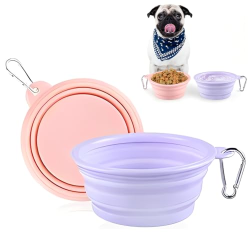 MLRUQRX 2 Ciotole Pieghevoli in Silicone – 350 ml, Senza BPA, con Moschettone – Lavabili in Lavastoviglie – Per Cibo e Acqua – Ideali per Viaggi con Cani e Gatti (Viola & Rosa)
