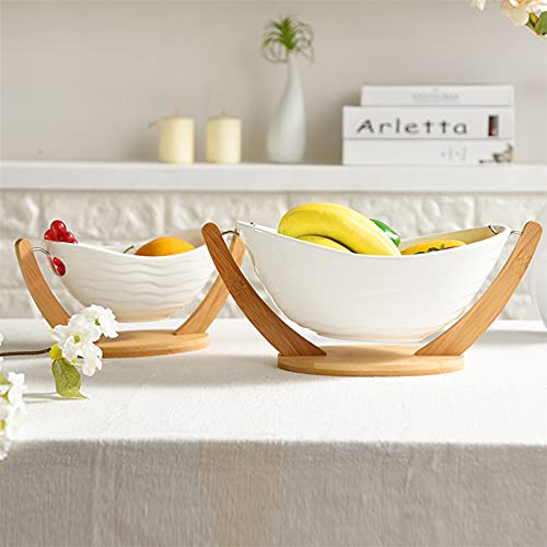 Mdfql Ceramic Snack Serving Tray, Porcelain Fruit Bowl For Kitchen Counter With Wooded Base, Ceramic Decorative Fruit Basket, For Dessert, Cake, Sugar, Fruit,White,L #TOP2