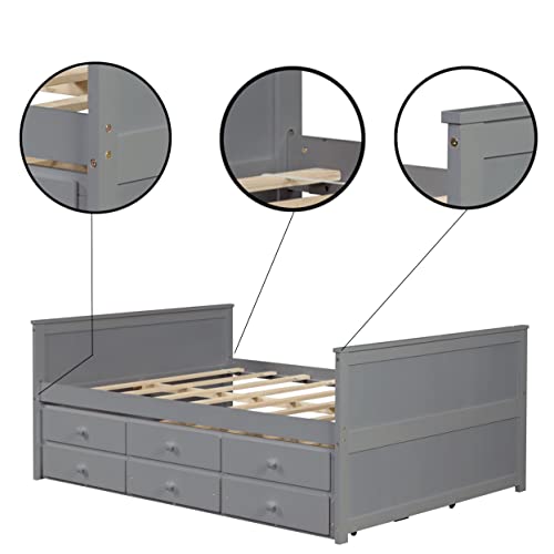 Ouyessir Full Captains Bed With Trundle And Storage Drawers, Full Trundle Bed With 3 Storage Drawers, Full Day Bed With Trundle Bed, Solid Wood Full Size Captains Bed For Kids Teens And Adults (Grey) #TOP6