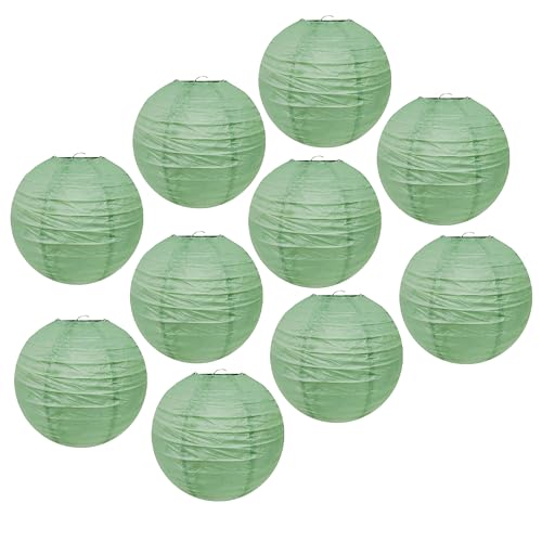 Image of Mudra Crafts 12 Inch Round Chinese Sage Green Paper Lanterns Hanging Decor | 10 PCs, Reusable, Indoor Outdoor Decorative Lamp Shade, for Ceiling, Wedding, Shower, Party, Festival, Home Decoration