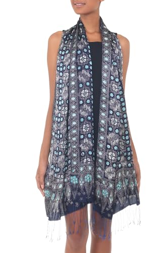 NOVICA Artisan Handmade Silk Batik Shawl Blue Patterned Accessories Shawls Indonesia ' Royal Art'