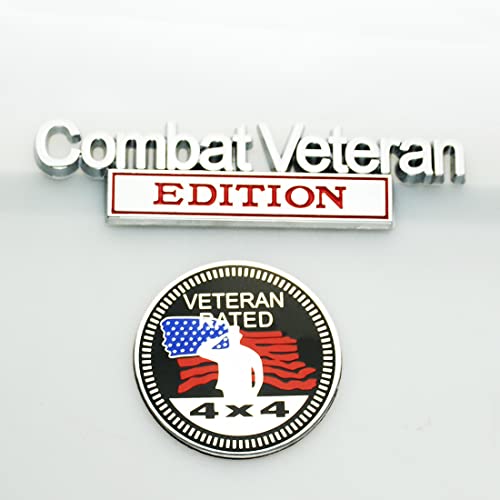 Image of Set of 2 Combat Veteran Edition & 4x4 Rated Metal Automotive Emblem 3D Decal Badge Nameplate for Universal car Truck (Chrome Red)