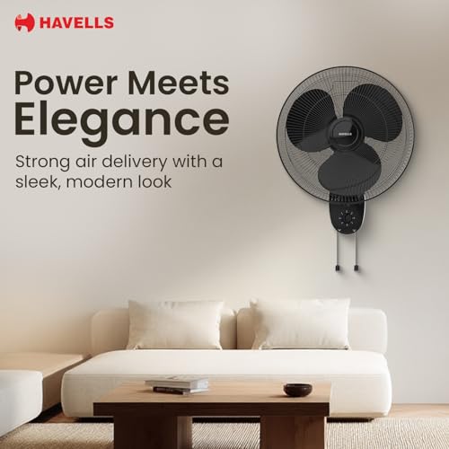 Image of Havells Gatik Pro 400mm Wall Mount Fan|RPM: 1350|Double string for Speed & Oscillation control | Thermal Overloaded Protected Motor | 100% Copper Wire Winding Motor | 2 Year Warranty,230 Volts(Black)