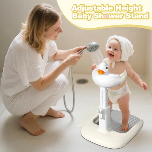 Image of Baby Bath with Shower Stand Support - Adjustable Toddler Shower Tower with Anti-Pinch & Anti-Slip Design, Baby Bathtub Stand for Infants 6-36 Months, Ideal Gift for Newborns,Khaki