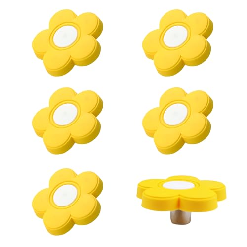 Image of AUXBC 6pcs Yellow Flower Shape Knobs - Soft Rubber Handles, Cabinet Drawer Pulls for Kids' Rooms & Closets, 1.8x1.8x0.85 Inch with Screws