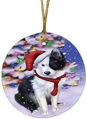 Let It Snow Border Collie Dog Round Flat Ornament - Pet Decorative Hanging Ornaments for Christmas X-mas Tree Decorations - 2.75" Round Ceramic Christmas Ornament POR1484