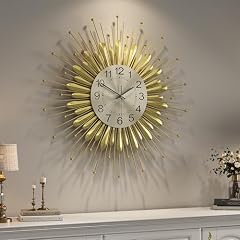Cuspin 24 Inch Gold Wall Clock, Large Mid Century Modern Clock Sunburst Decorative Design, Silent