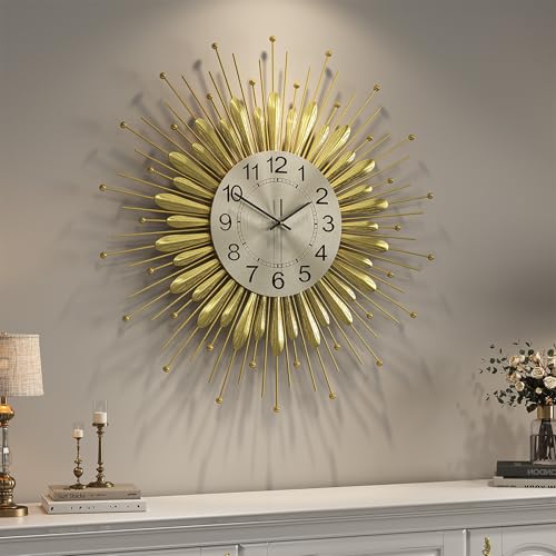 Cuspin 24 Inch Gold Wall Clock, Large Mid Century Modern Clock Sunburst Decorative Design, Silent