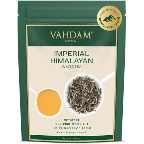 VAHDAM, Feuilles De Thé Blanc De L'himalaya (50 G, 25+ Tasses) De Qualité Supérieure | 100% Pur Et Aromatique | Thé Blanc En Vrac Aux Bourgeons De Feuilles, Conditionné En Inde