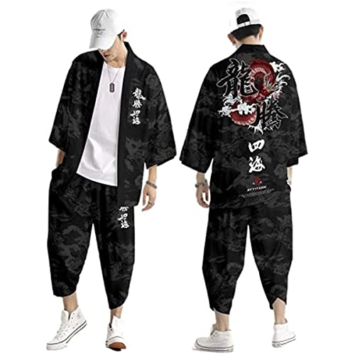 Men's Japanese Style Kimono Tops Pants Sets Chinese Robes Kimono Pajamas Suit Seven Sleeves Cardigan & Shorts (Style-4,3XL,Unisex Adult,Unisex,Adult,US,Alpha,3X-Large,Regular,Regular)2
