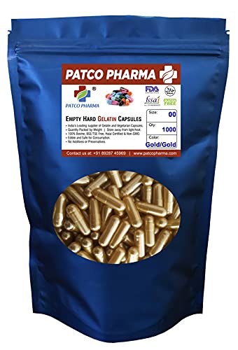 Patco Pharma - Size 00 Golden/Golden Empty Gelatin Pill Capsule - Gluten Free/Halal Certified | DIY Powder Filling (Pack of 1000) (B09BR2P62F) Amazon Price History, Amazon Price Tracker
