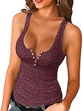 Womens Scoop Neck Henley Tank Tops Low Cut Solid Sexy Summer Sleeveless Button Down Shirts (US, Alpha, Large, Regular, Regular, Wine Red)