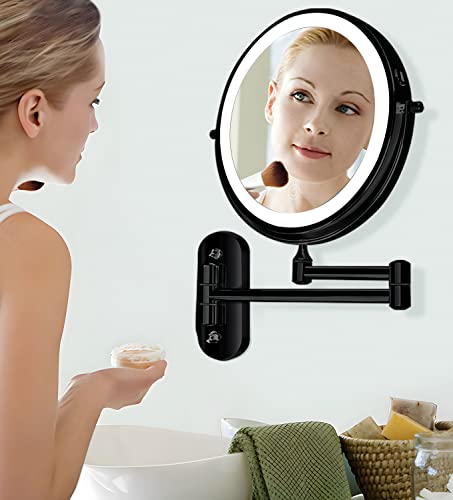 Kirkcaldy Wall Mounted Mirror With Lights, Rechargeable Design Makeup Mirror, 3 Color Led Touch Screen Dimmable Mirror, 8 Inch Double-Sided Led Makeup Mirror 1X & 10X Magnification（Black） #TOP4
