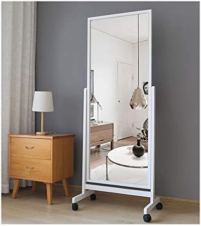 Swivel Adjustable Full Length Mirror on Wheels, Pine Wood Frame Cheval Bedroom Floor Mirror Dressing Mirror Body Mirror with Standing Holder (White, 65"x22")