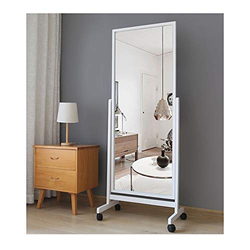 Swivel Adjustable Full Length Mirror on Wheels, Pine Wood Frame Cheval Bedroom Floor Mirror Dressing Mirror Body Mirror with Standing Holder (White, 65"x22")