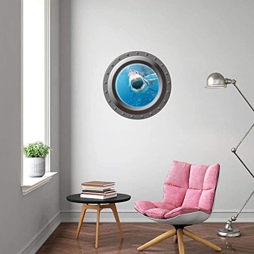 Dnven Shark Porthole Decals Port Scape Instant Sea Undersea Peel And Stick Shark 3D Window View Wall Arts Decors Removable Stickers Jaws Wall Decal 17 Inches X 17 Inches #TOP3