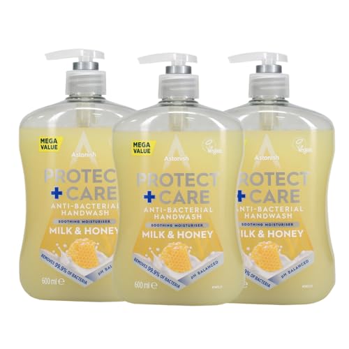 Image of Astonish Protect + Care Anti-Bacterial Hand Wash – Removes 99.9% Bacteria - Moisturising Liquid Soap - Gentle on Skin - Everyday Hygiene Hand Wash - Milk & Honey – Multipack of 3 x 600ml