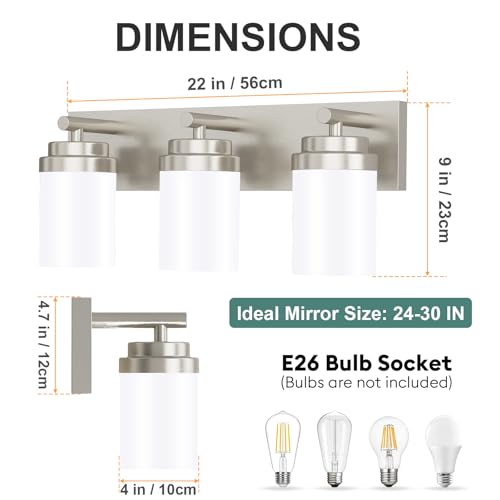 Image of IZORRO Bathroom Vanity Light Fixture, 3-Light 22 Inch Brushed Nickel Bathroom Light Fixtures Over Mirror, with White Glass Shade, Modern Farmhouse Vanity Lights, Rustic Restroom Lighting Fixtures