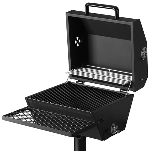 Stanbroil Park Style Charcoal Grill with Cover, Portable Park BBQ Grill Heavy Duty Porcelain Steel Cooking Grate, Folding Front Table, Stand Post for Backyard, RV Cooking, Camping, Tailgating
