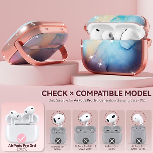 Image of Inesore for AirPods Pro 3 Case Cover 2025 with Lock-Rainbow Gold Marble | Two-Piece Design,with Gold Keychain & Clean Pen, As Phone Stand,Support Wireless Charging,Cute Luxury Case for Women Girly