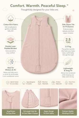 Image of TuddyBuddy Baby Cotton Wearable Quilted Sleeping Bag Blanket 1.5 Tog with 1 Way Zipper Closure | Ideal for Babies & Kids Hypoallergenic Fabrics | (Pin Striped Fabric - Light Pink, 0-6 Months)