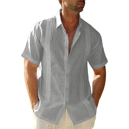 JEKAOYI Mens Casual Linen Cotton Button Down Short Sleeve Shirts Cuban Camp Guayabera Beach Tops