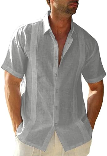 Image of JEKAOYI Mens Casual Linen Cotton Button Down Short Sleeve Shirts Cuban Camp Guayabera Beach Tops
