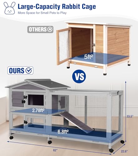 Large Rabbit Hutch Indoor, Bunny Cage Outdoor with Chew-Proof Ramp, 2-Story Guinea Pig Cages with 6 Wheels, 3 Pull-Out Trays, Waterproof Asphalt Roof, 62" L - Grey - Image 4