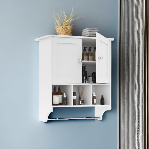 Medicine-Cabinets-Space-Saving-Wall-Cabinet-with-2-Doors-and-Adjustable-Towel-Rack-Shelves-Storage-Cabinet-for-Toilet-Bathroom-Living-Room-Kitchen-White Medicine Cabinets Space Saving Wall Cabinet with 2 Doors and Adjustable Towel Rack Shelves Storage Cabinet for Toilet Bathroom Living Room Kitchen White