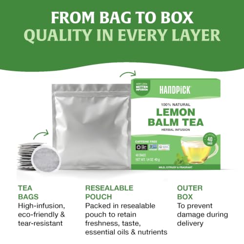 Image of HANDPICK Lemon Balm Tea (40 Tea Bags) 100% Pure & Natrually Dried Leaf Tea