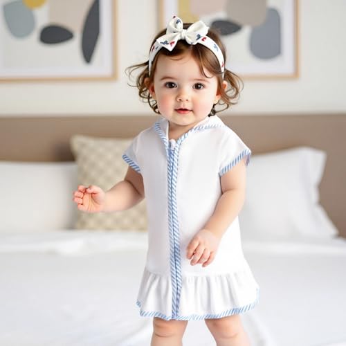 SAYOO Girls Terry Cloth Swim Cover Up Kids Hooded Swimsuit Coverup Zip-Up Striped Color Contrast Beach Bathing Robe Dress2