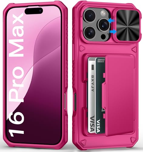 BXYJY for iPhone 16 Pro Max Wallet Case with Card Holder (4-5 Cards) Military Grade Protection Slide Camera Cover Heavy Duty Women Girly Men Protective Phone Case for iPhone 16 Pro Max Hot Pink